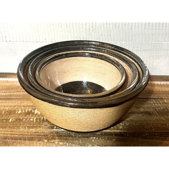 Vintage Set Mid-Century Nesting Twine Raffia Wrapped Glass Snack Bowls Boho - Picture 7 of 8